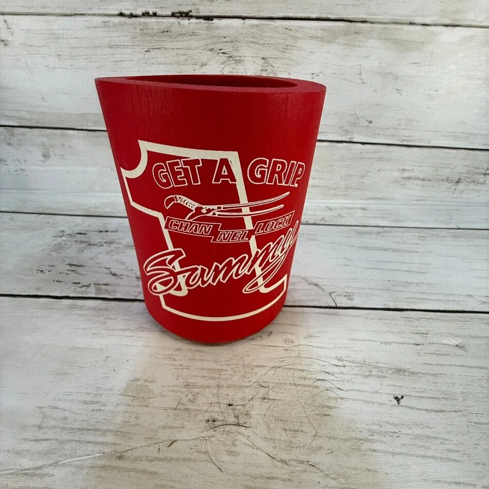Vintage Channellock Sammy Get A Grip Foam Can Koozie Red Tool Brand Collectible